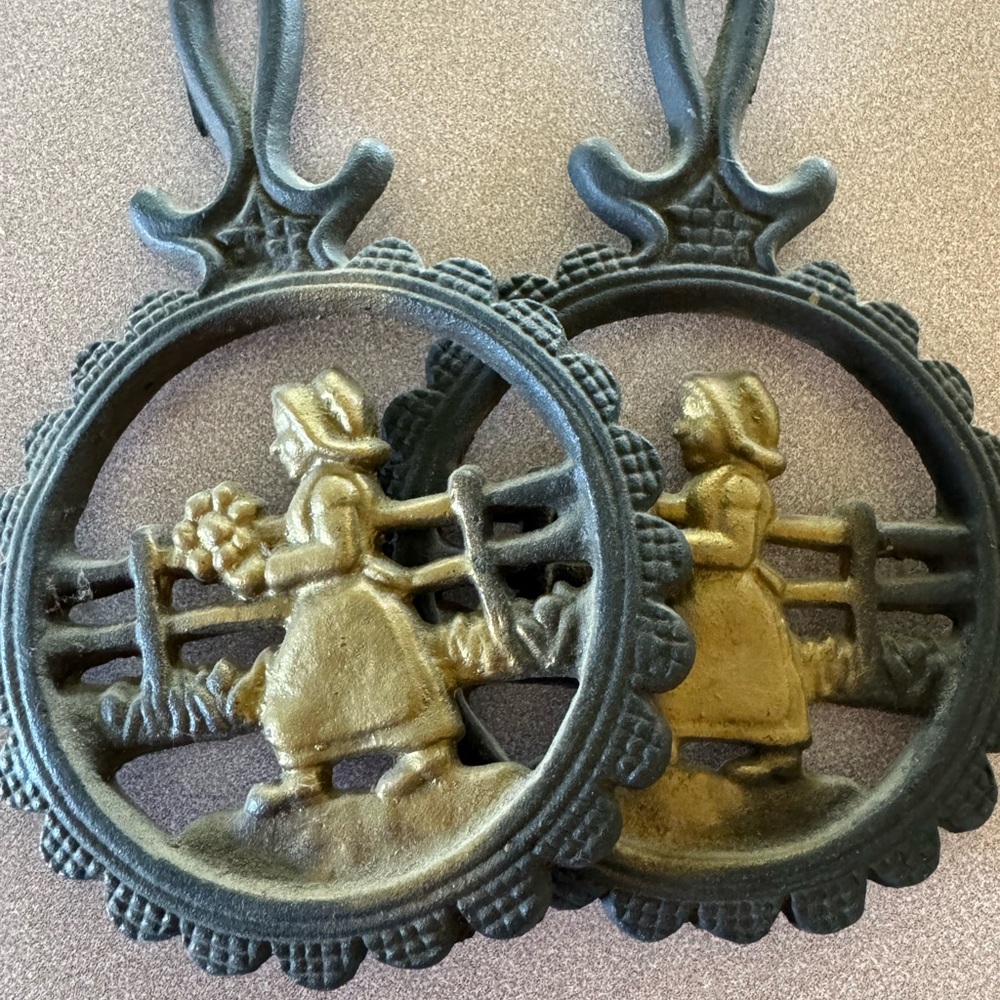 Set of Vintage Cast Iron Trivets or Wall Decor with Girl Design
